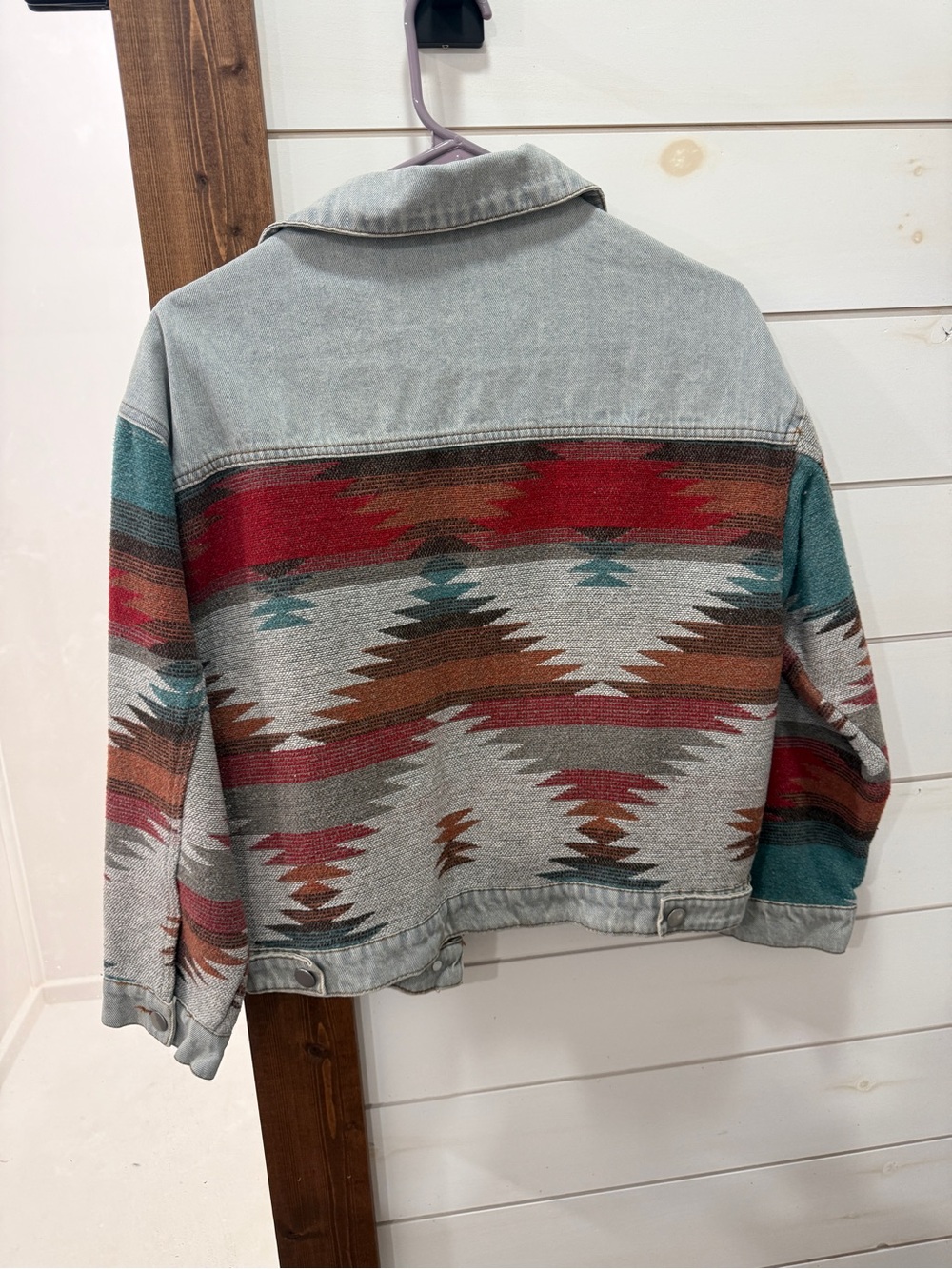 Aztec Pattern Light Wash Denim Jacket - Multi-Color - Picture 2 of 7